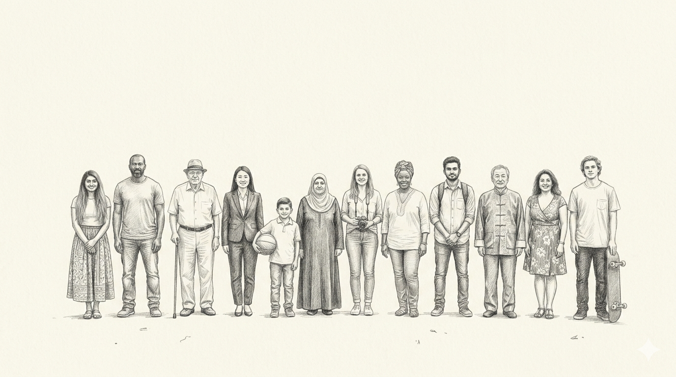 A diverse group of people from different backgrounds, ages, and professions standing together