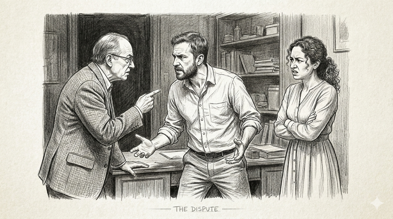 Three people in a tense dispute in an office setting — a pencil sketch illustration titled The Dispute